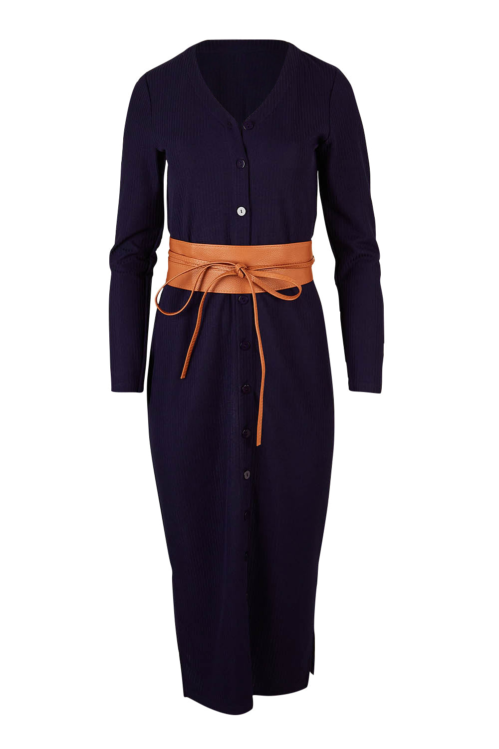 Product shot of The Button Through Rib Dress With Belt in colour Indigo (Blue), from the front
