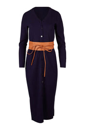 Product shot of The Button Through Rib Dress With Belt in colour Indigo (Blue), from the front