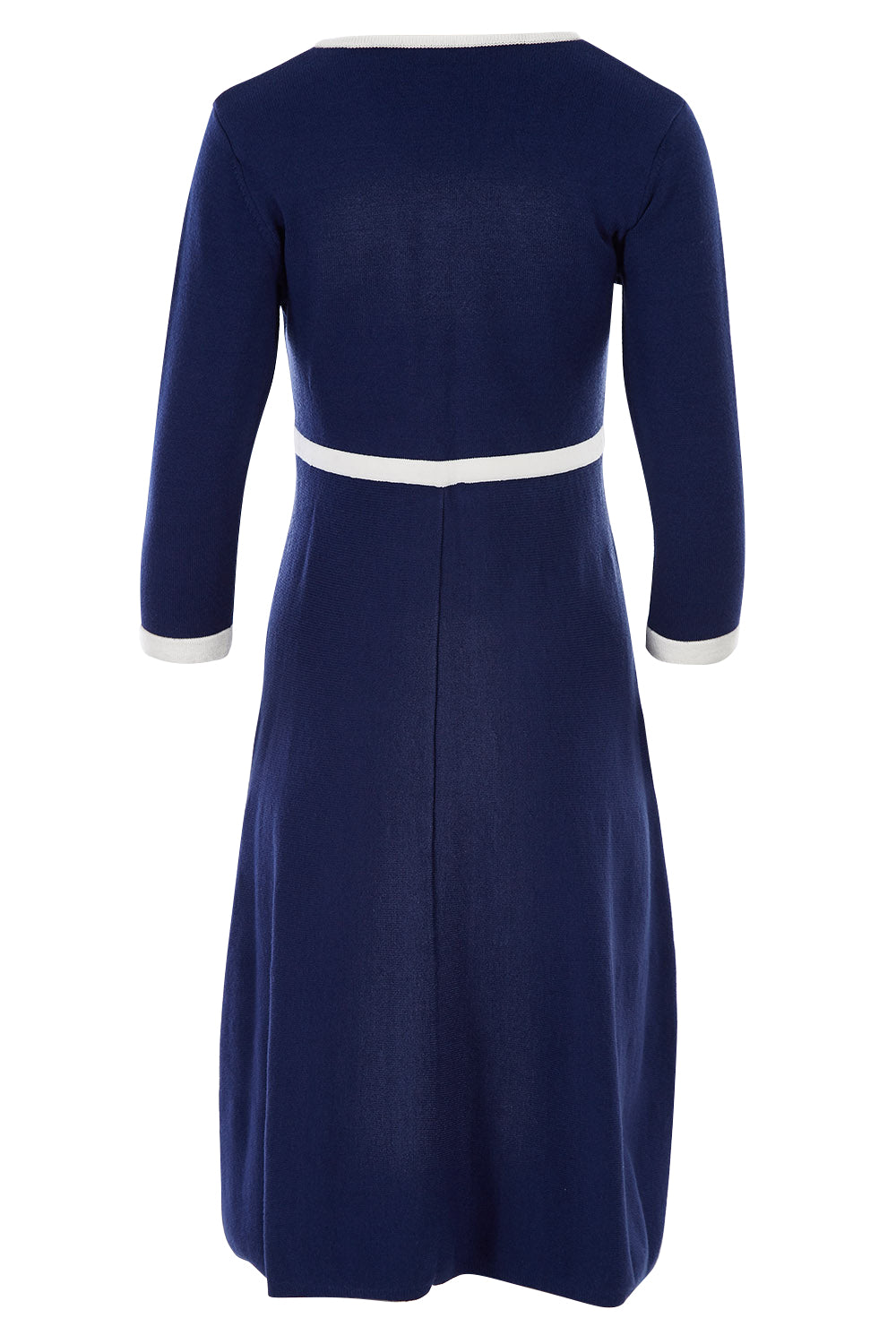 Product shot of The Fit And Flare Knit Dress in colour NavyIvory (Blue), from the back