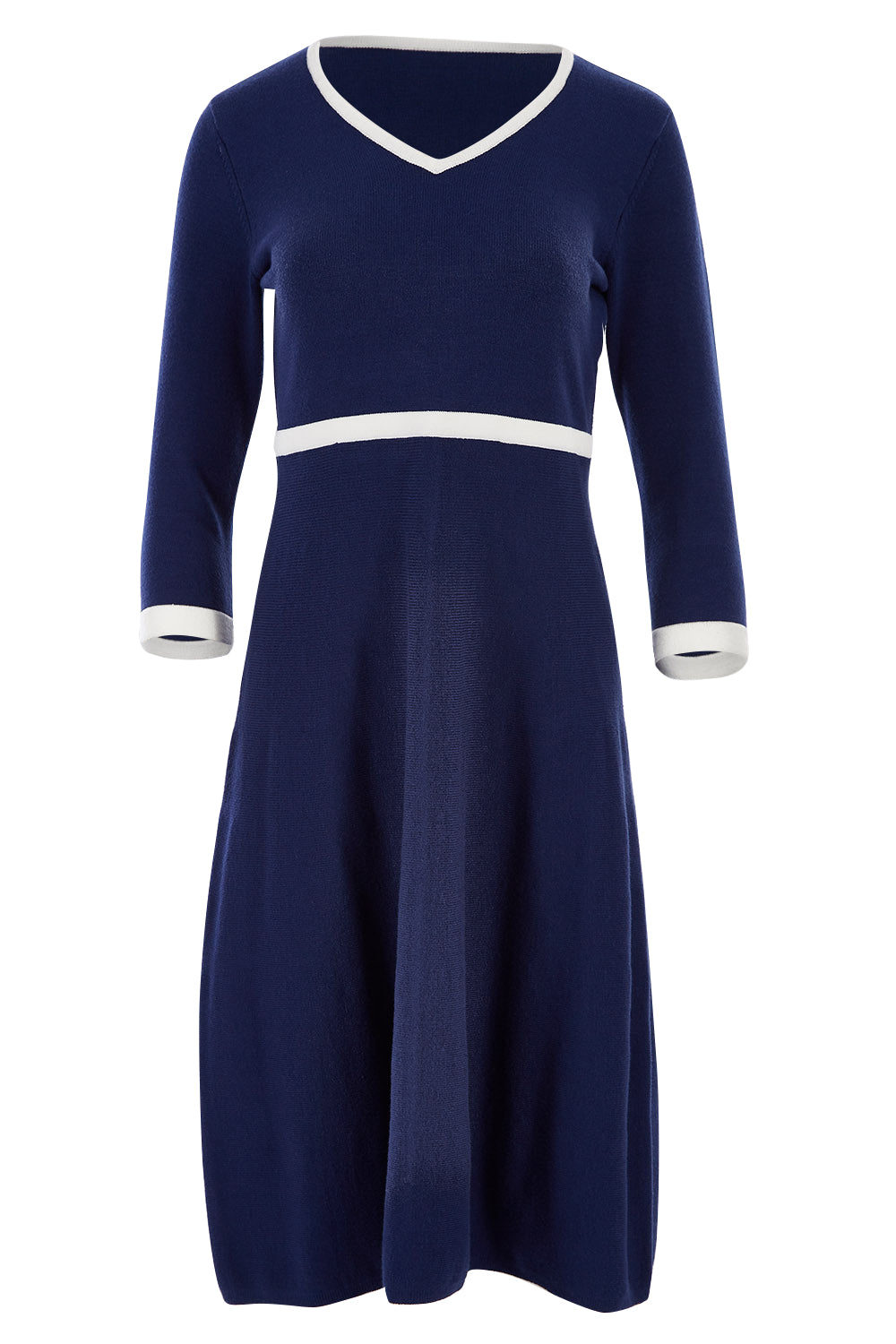 Product shot of The Fit And Flare Knit Dress in colour NavyIvory (Blue), from the front