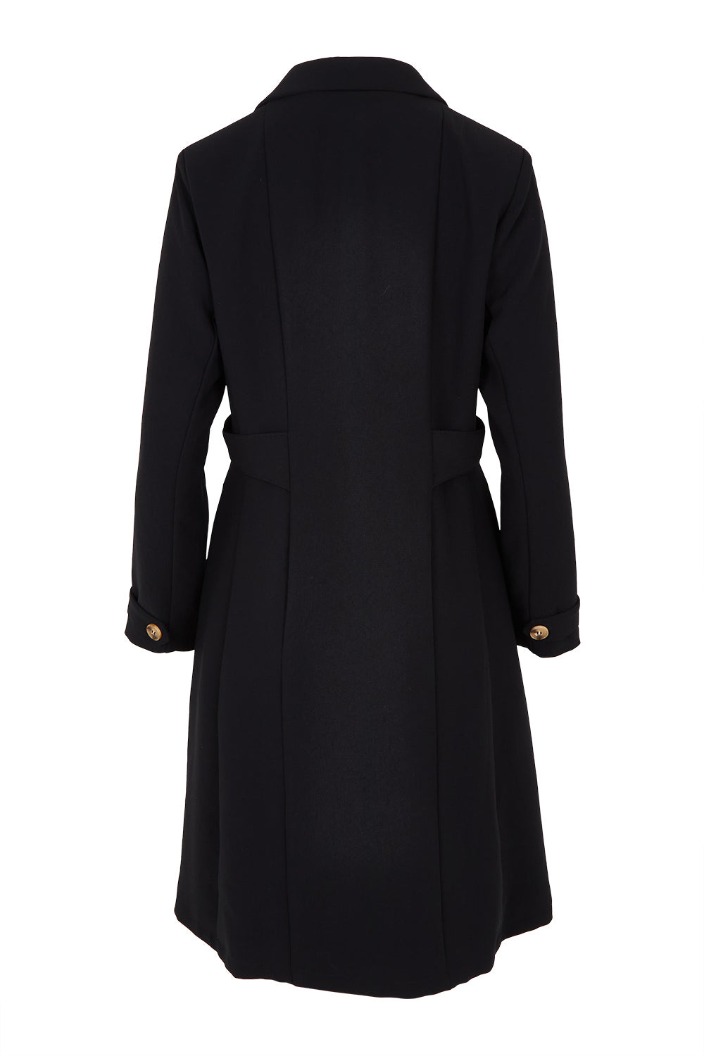 Product shot of The Tab Detail Tailored Longline Coat in colour Black (Black), from the back