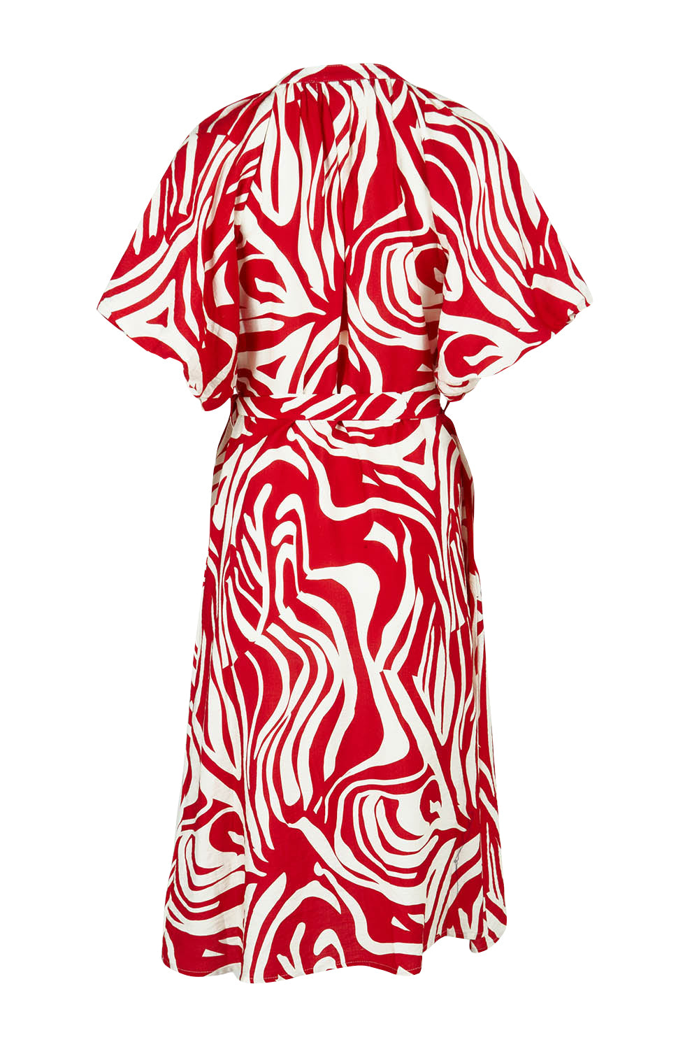 Product shot of The Bubble Sleeve Button Through Dress in colour Abstract (Red), from the back