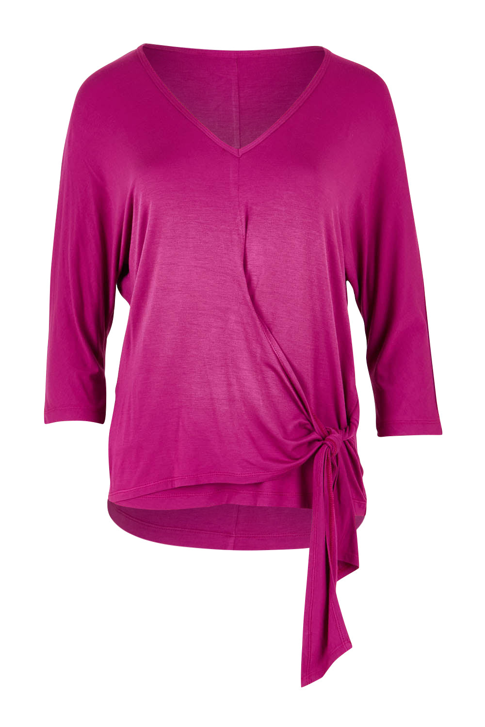 Product shot of The Bamboo Tie Waist Top in colour Berry (Pink), from the front