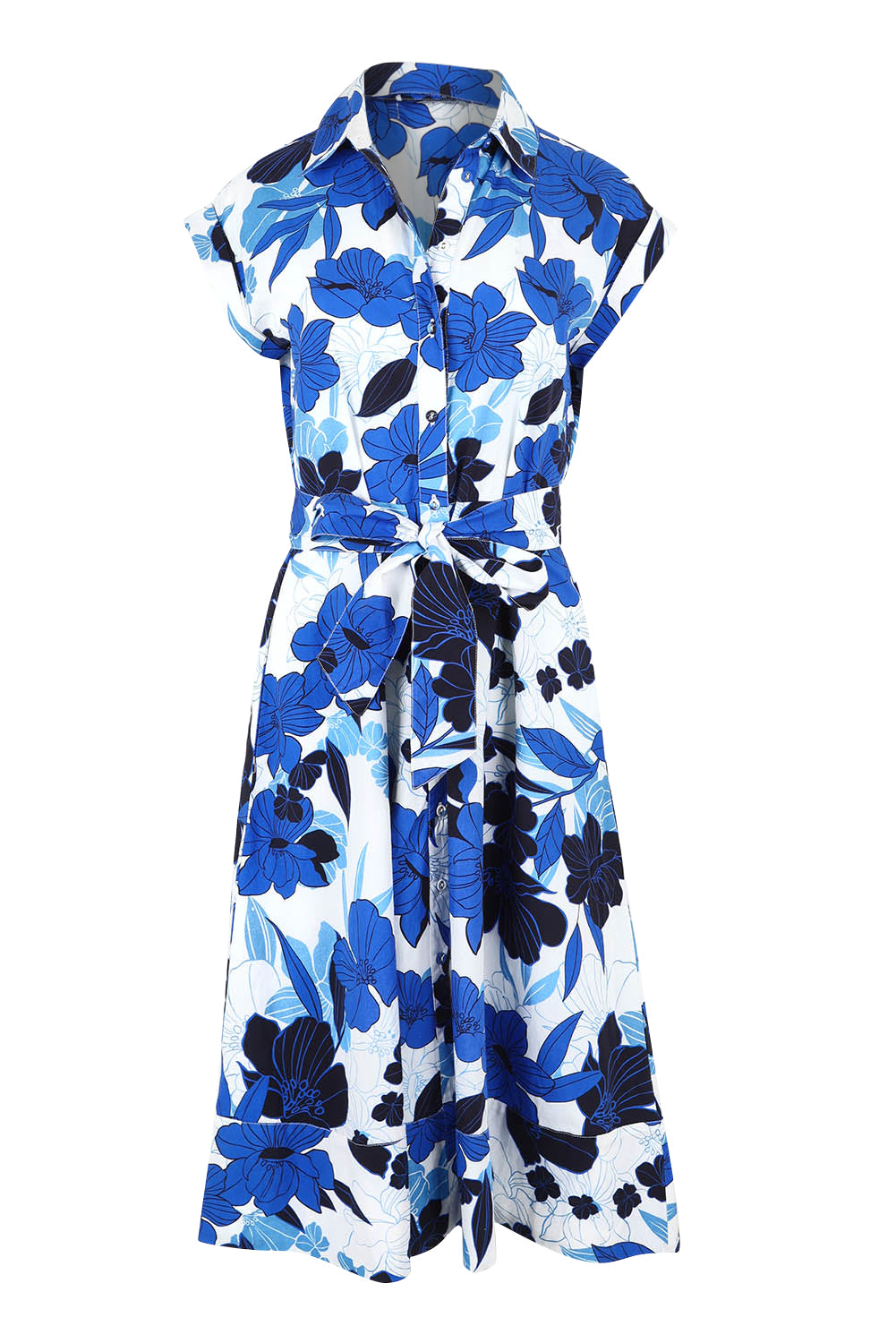 Product shot of The Printed Cotton Shirt Dress in colour Bluefleur (Blue), from the front