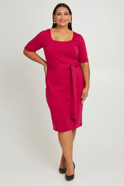 Model Ashleigh wearing size 16 of The Square Neck Ponte Dress in colour Raspberry (Pink), from the front, showing the whole outfit