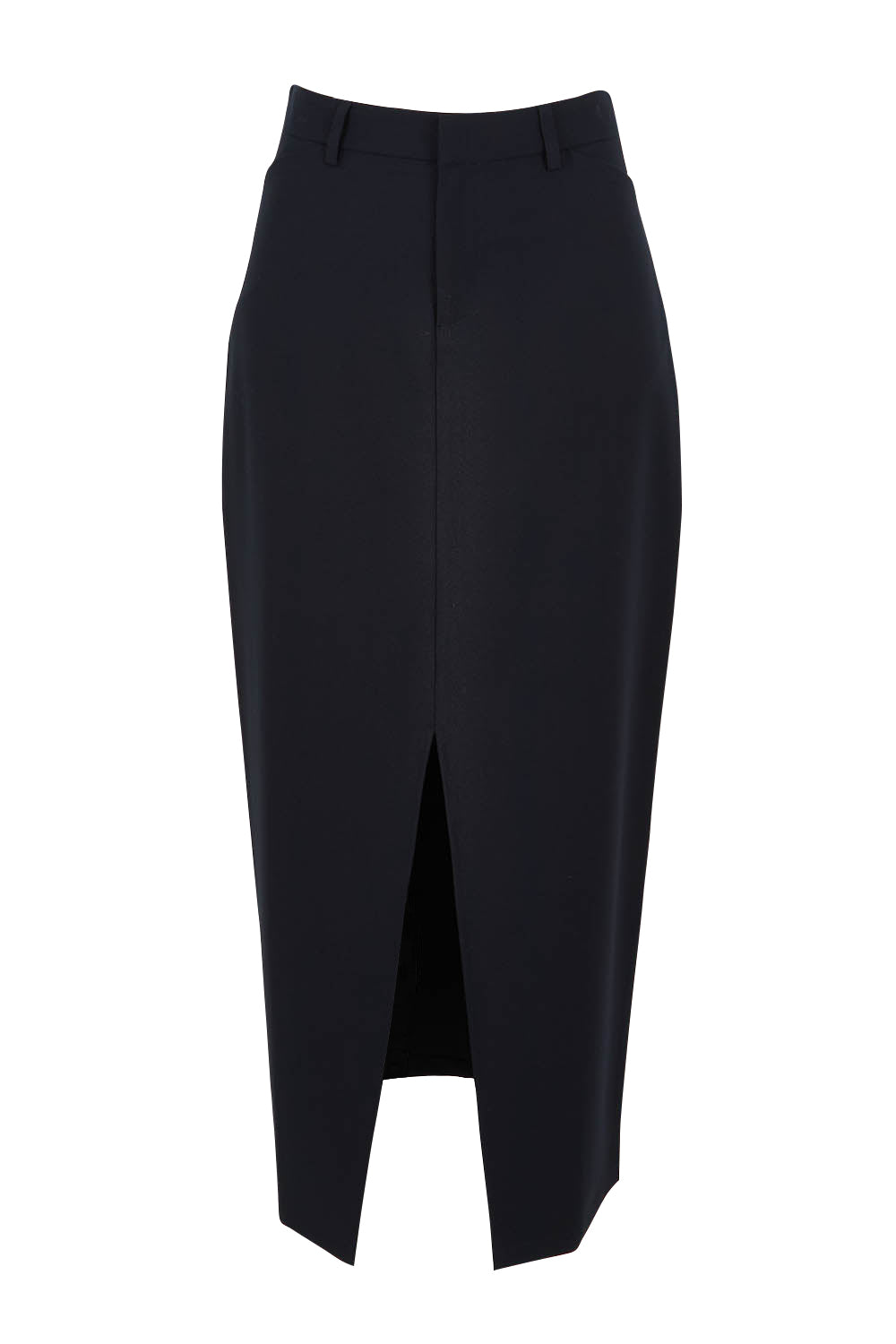 Product shot of The Tailored Maxi Skirt in colour Ink (Blue), from the front