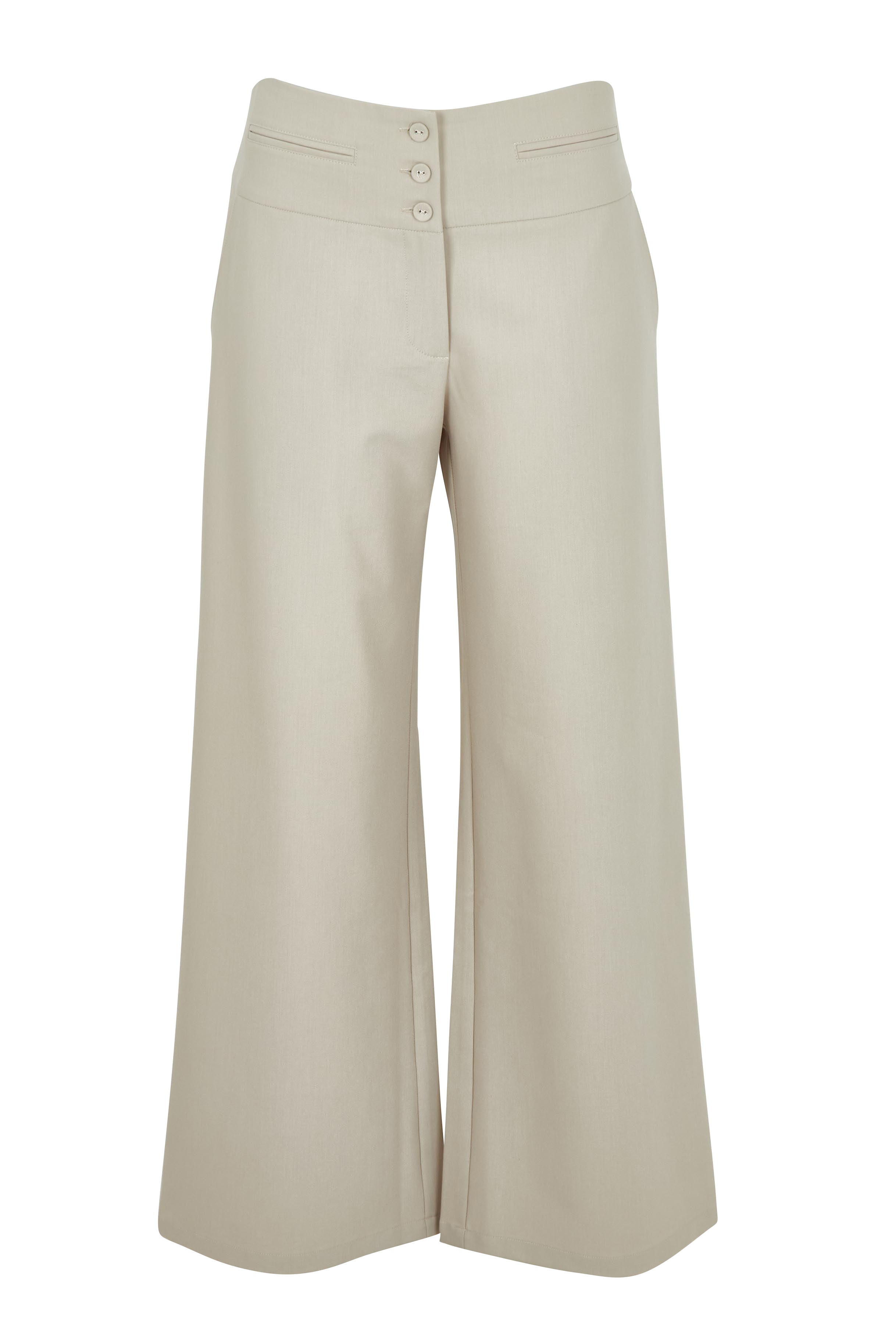 Product shot of The Tailored Pant in colour Pebble, from the front