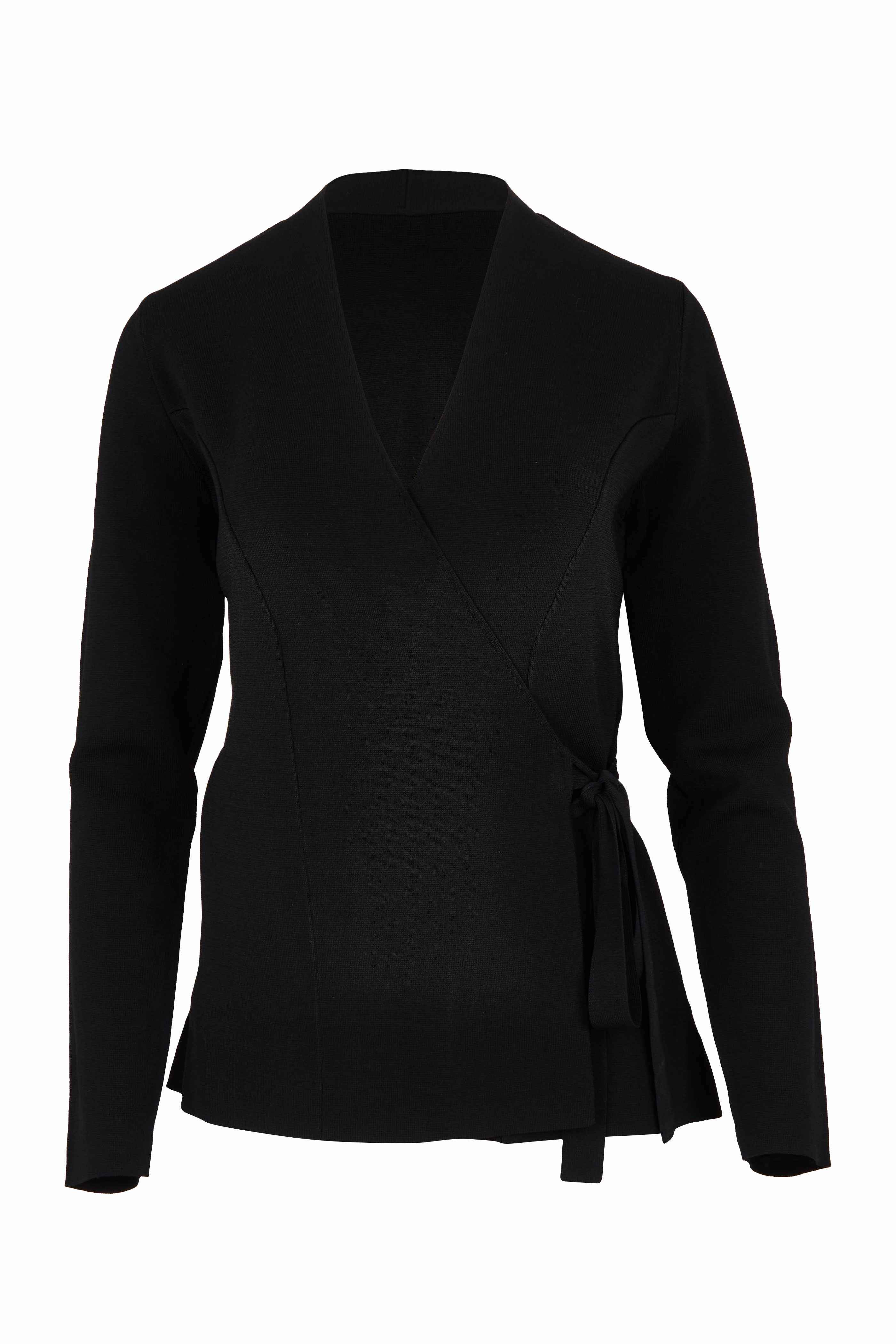 Product shot of The Milano Knit Wrap Top in colour Black (Black), from the front