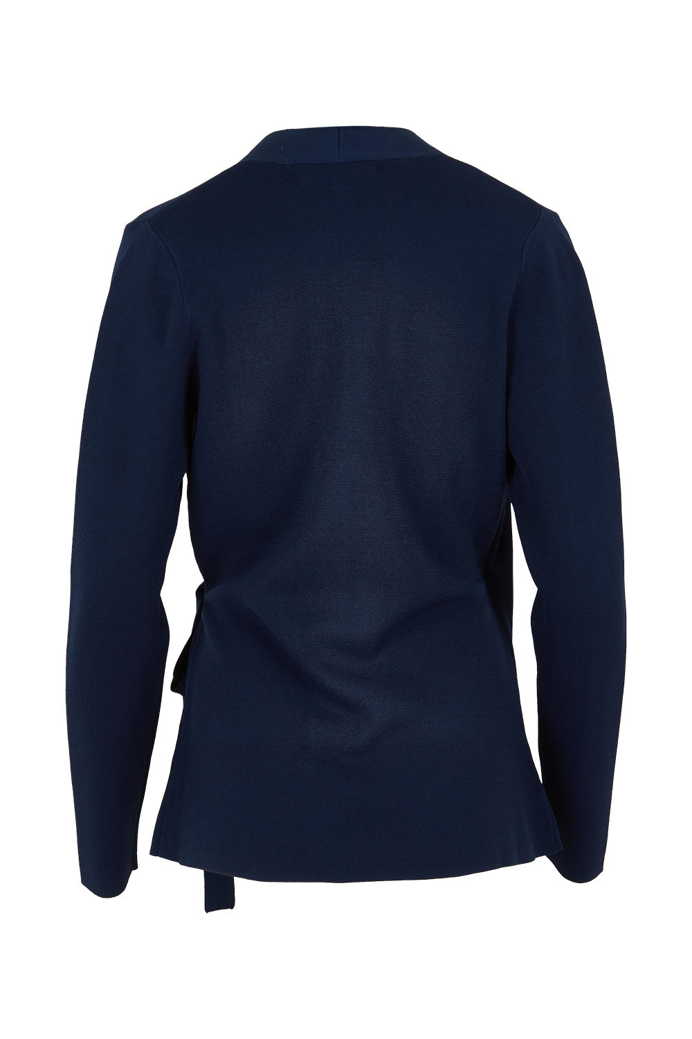 Product shot of The Milano Knit Wrap Top in colour Darknavy (Blue), from the back