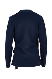 Product shot of The Milano Knit Wrap Top in colour Darknavy (Blue), from the back