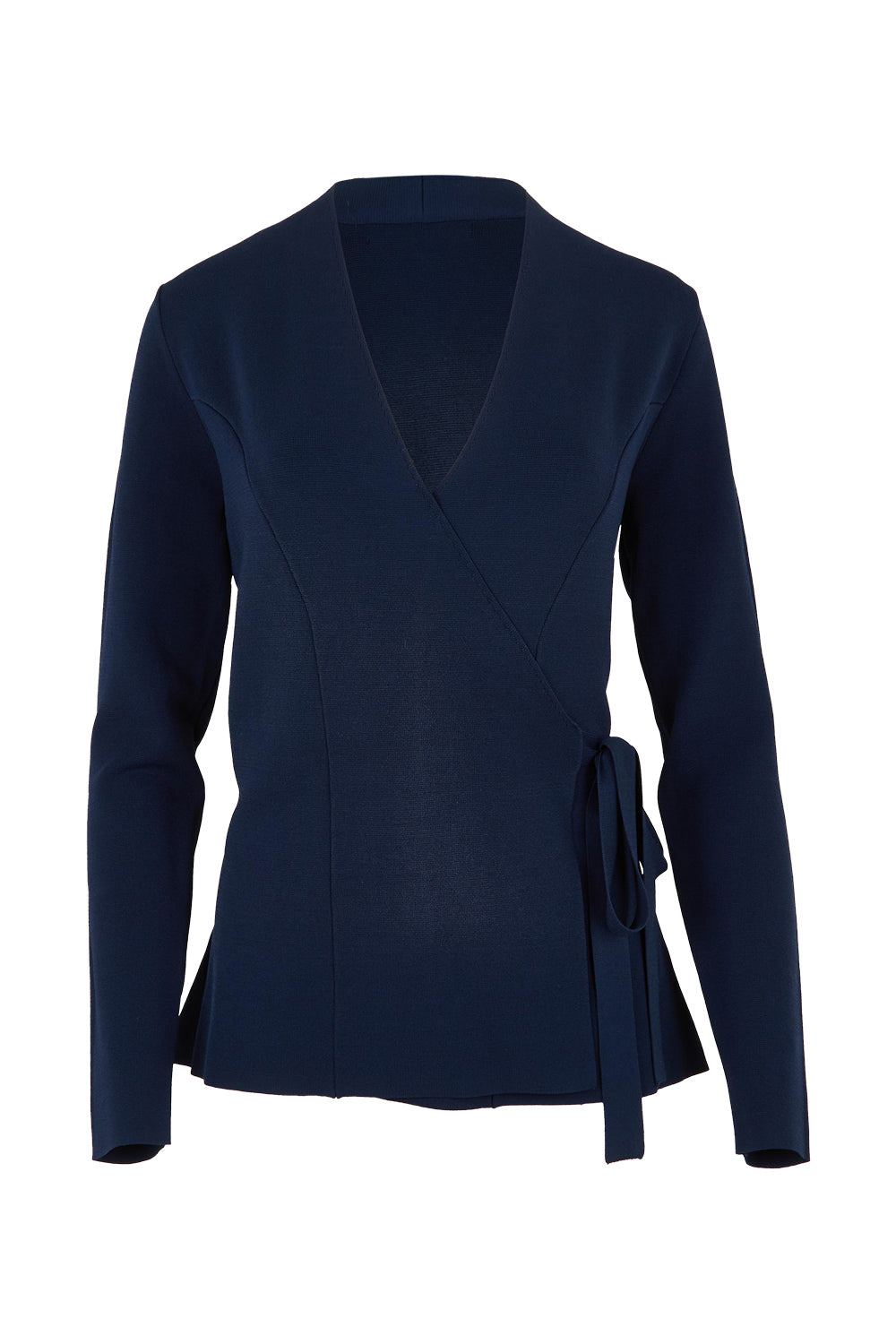 Product shot of The Milano Knit Wrap Top in colour Darknavy (Blue), from the front