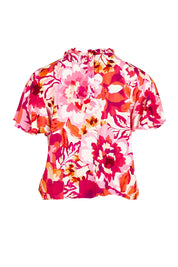 Product shot of The Shirring Detail Printed Top in colour Blooms (Pink), from the back
