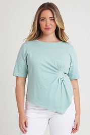 Model Chanel wearing size 16 of The Cotton Stretch Waist Detail Top in colour Duckegg (Blue), from the front, cropped image