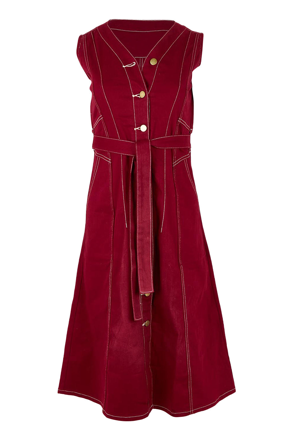 Product shot of The Cotton Twill Contrast Stitching Dress in colour Burgundy (Red), from the front