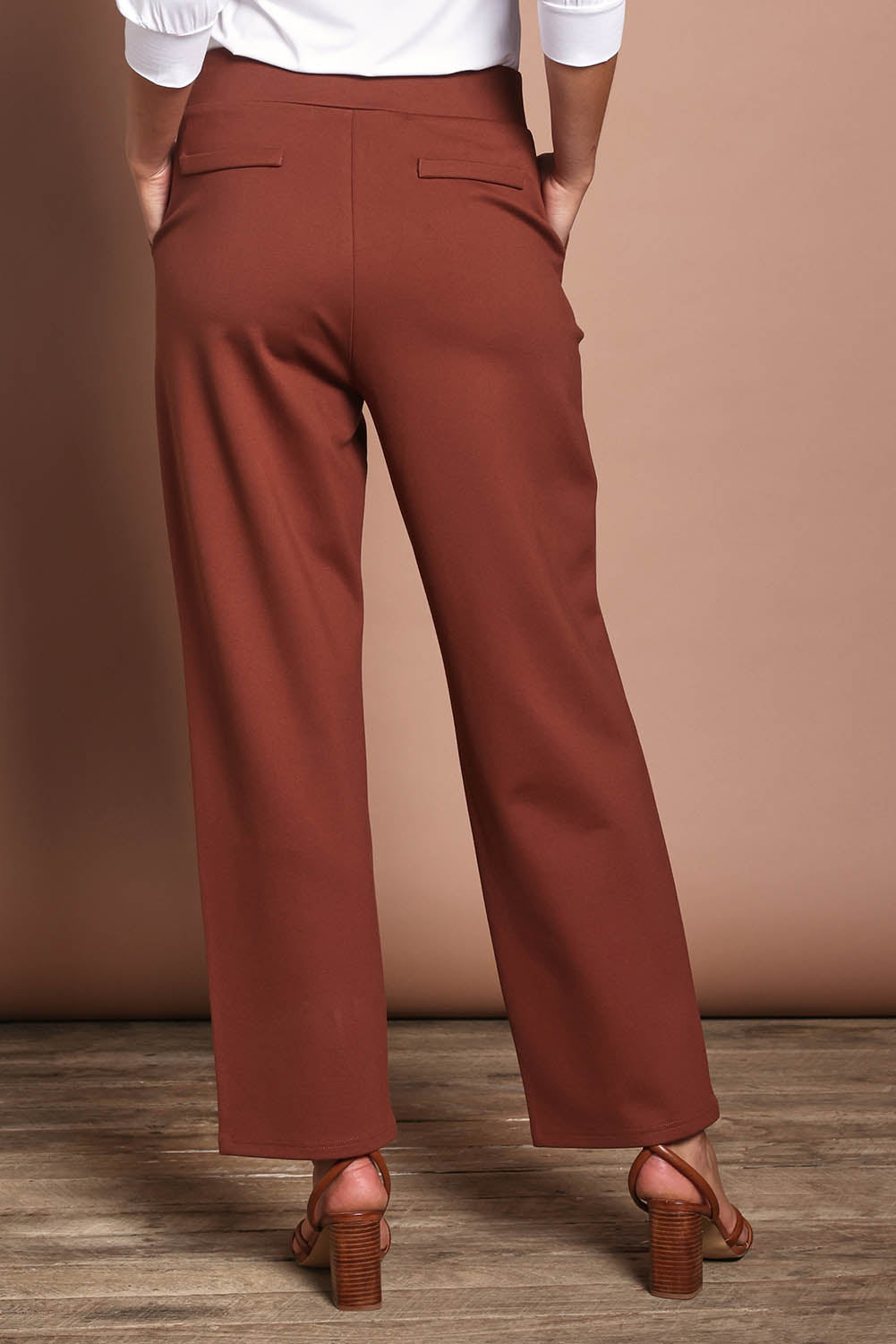 Model Madeline wearing size 10 of The Straight Cut Pull On Ponte Pant in colour Cinnamon, from the back