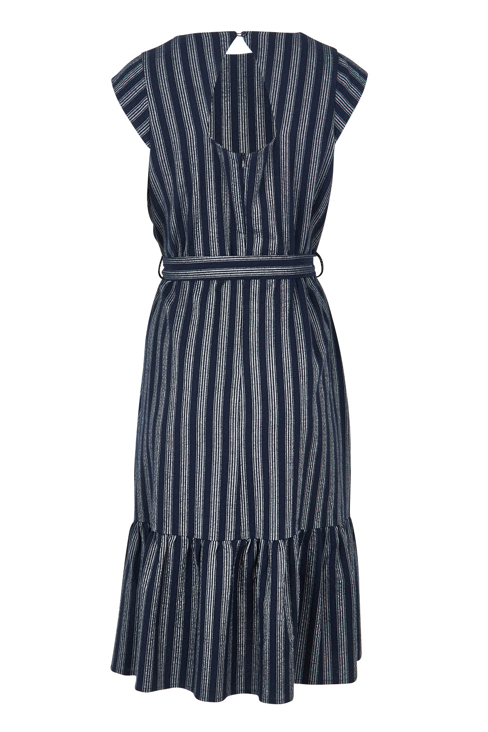 Product shot of The Stripe Cotton Cap Sleeve Dress in colour Navy (Blue), from the back