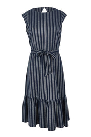 Product shot of The Stripe Cotton Cap Sleeve Dress in colour Navy (Blue), from the front