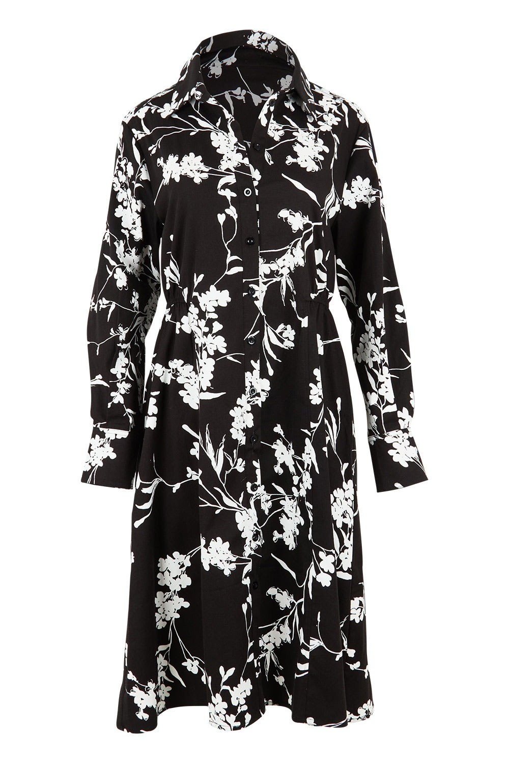 Product shot of The Printed Cotton Stretch Shirt Dress in colour Blackfleur (Black), from the front