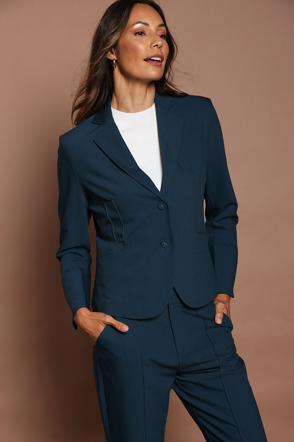 Model Amanda wearing size 10 of The Pintuck Detail Blazer in colour Deepocean (Blue), from the front, showing the whole outfit