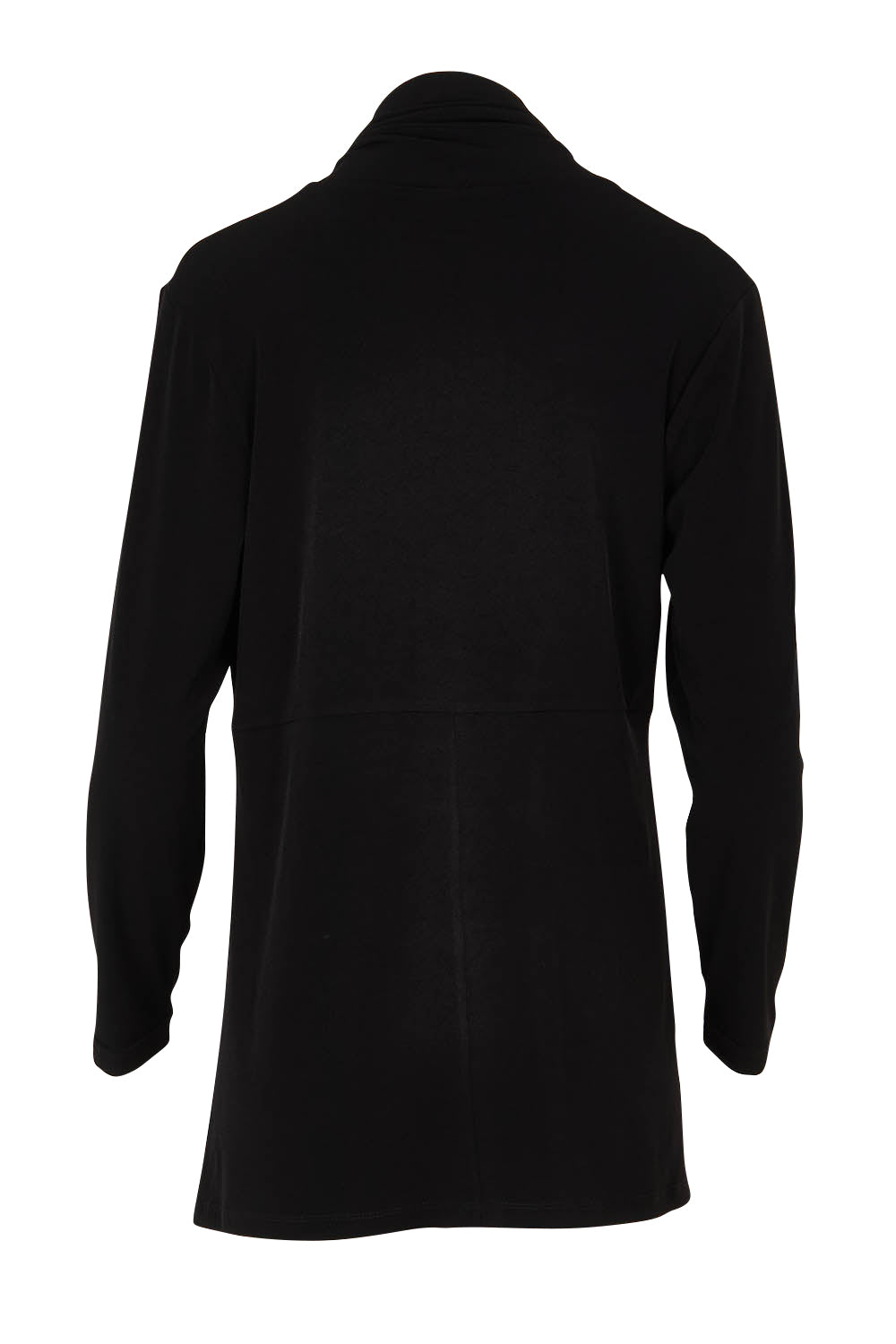 Product shot of The Longline Drape Cardi in colour Black (Black), from the back