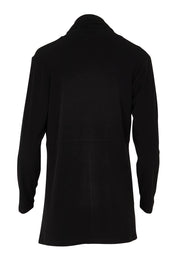 Product shot of The Longline Drape Cardi in colour Black (Black), from the back