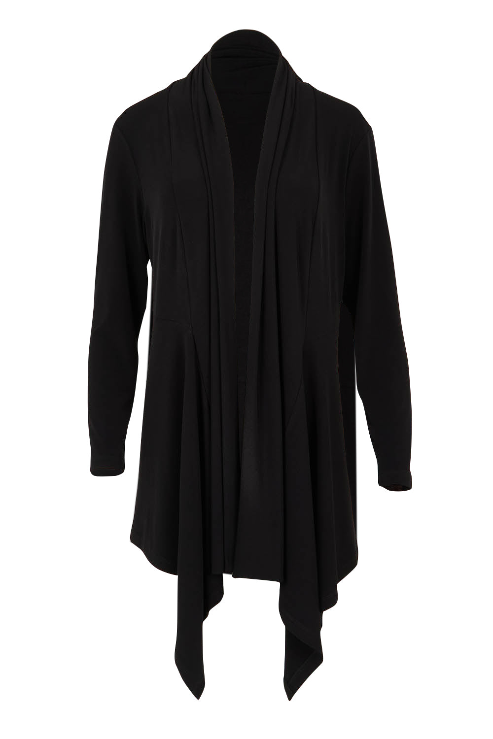 Product shot of The Longline Drape Cardi in colour Black (Black), from the front