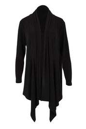 Product shot of The Longline Drape Cardi in colour Black (Black), from the front