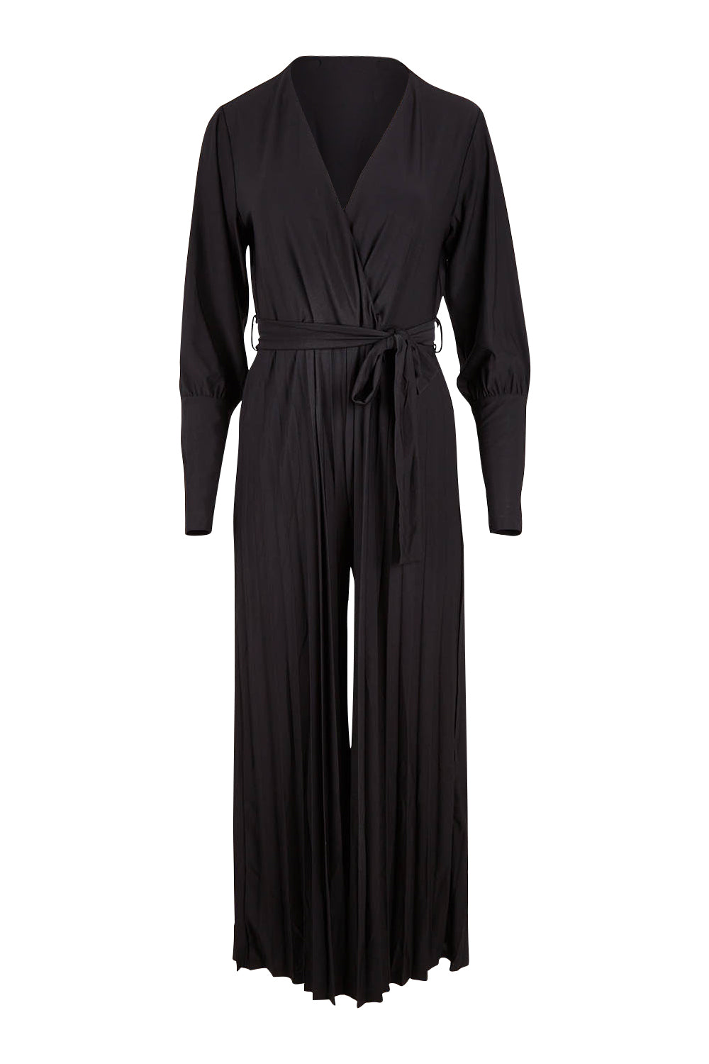 Product shot of The Pleated Wide Leg Jumpsuit in colour Black (Black), from the front
