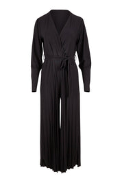 Product shot of The Pleated Wide Leg Jumpsuit in colour Black (Black), from the front