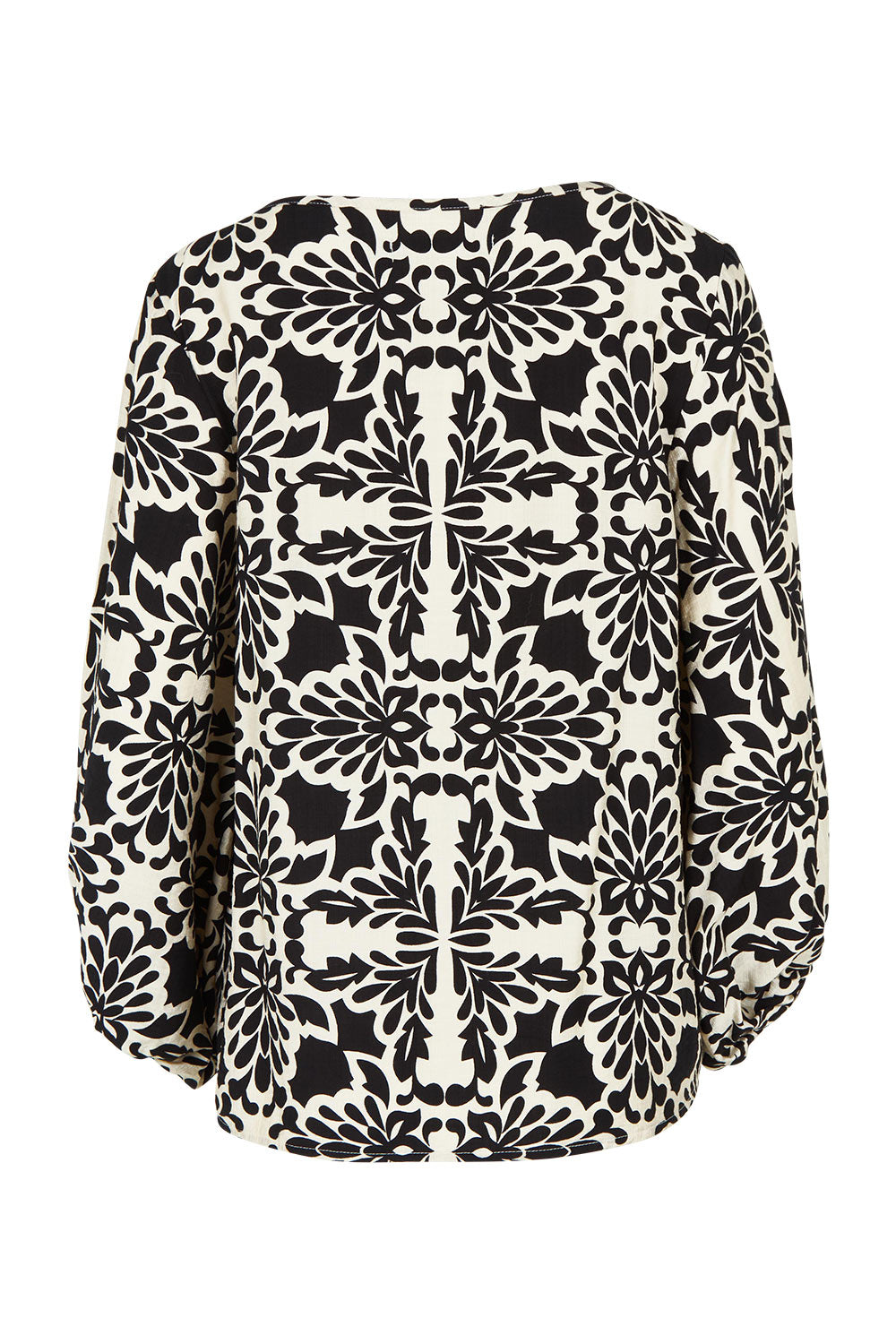 Product shot of The Printed Bishop Sleeve Blouse in colour Black (Black), from the back