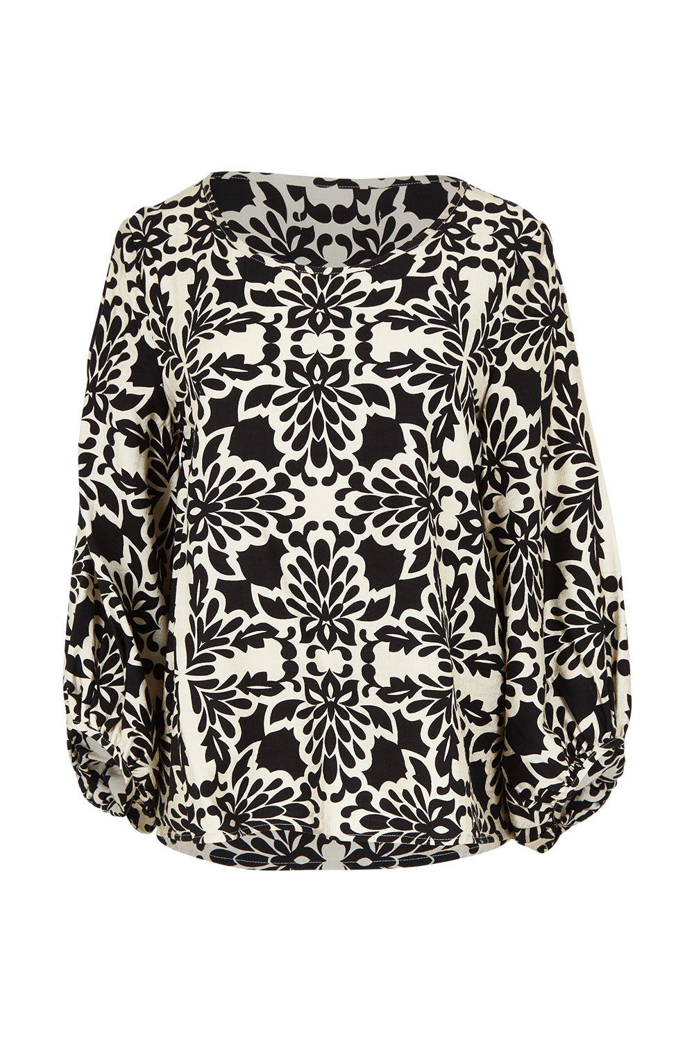 Product shot of The Printed Bishop Sleeve Blouse in colour Black (Black), from the front