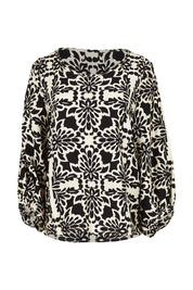 Product shot of The Printed Bishop Sleeve Blouse in colour Black (Black), from the front