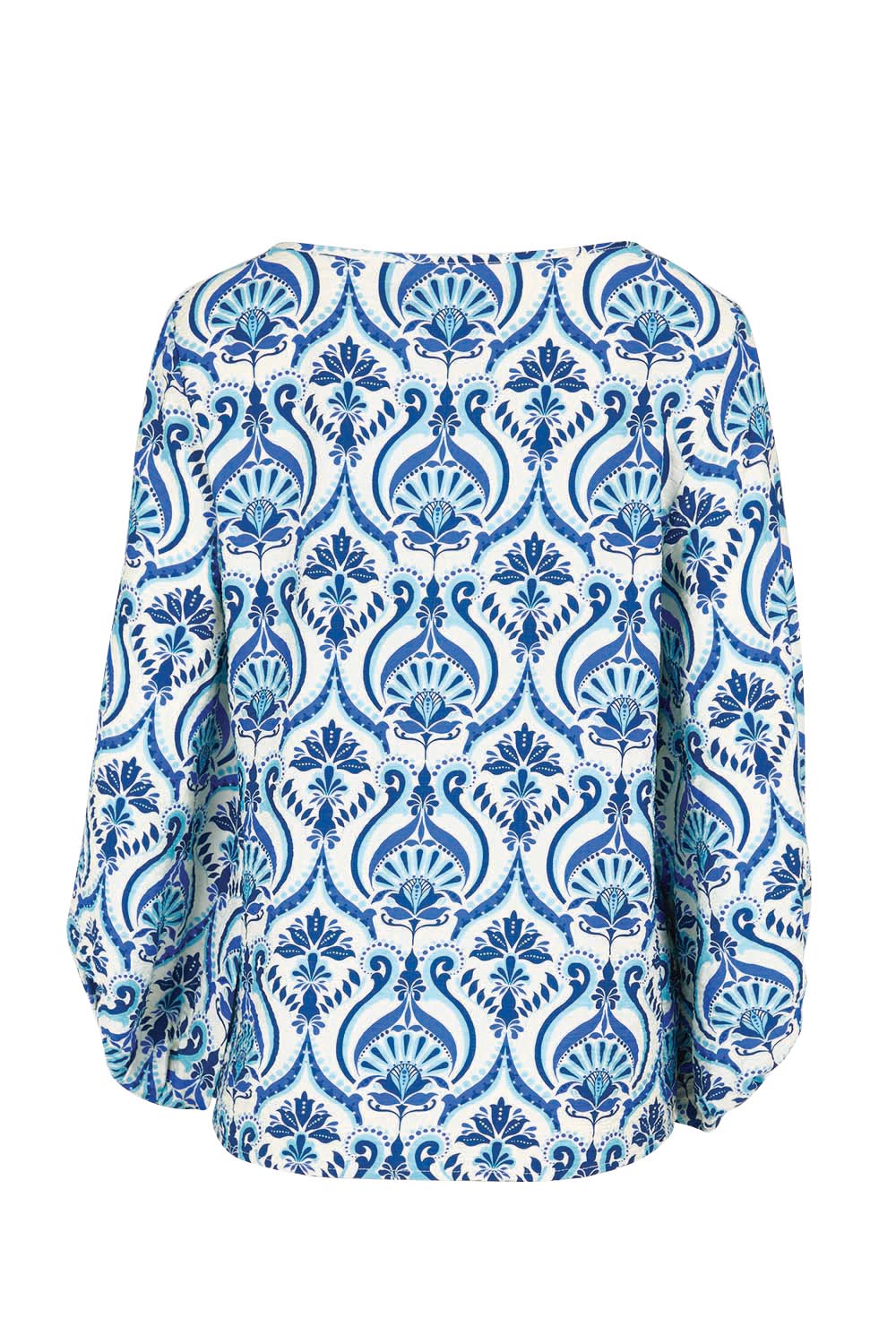 Product shot of the The Printed Bishop Sleeve Blouse – Bluedamask in colour Bluedamask, from the back
