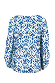 Product shot of the The Printed Bishop Sleeve Blouse – Bluedamask in colour Bluedamask, from the back