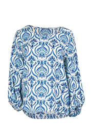 Product shot of the The Printed Bishop Sleeve Blouse – Bluedamask in colour Bluedamask, from the front