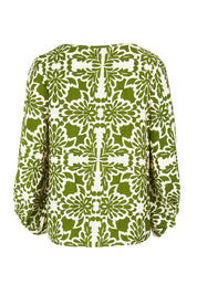 Product shot of The Printed Bishop Sleeve Blouse in colour Green (Green), from the back