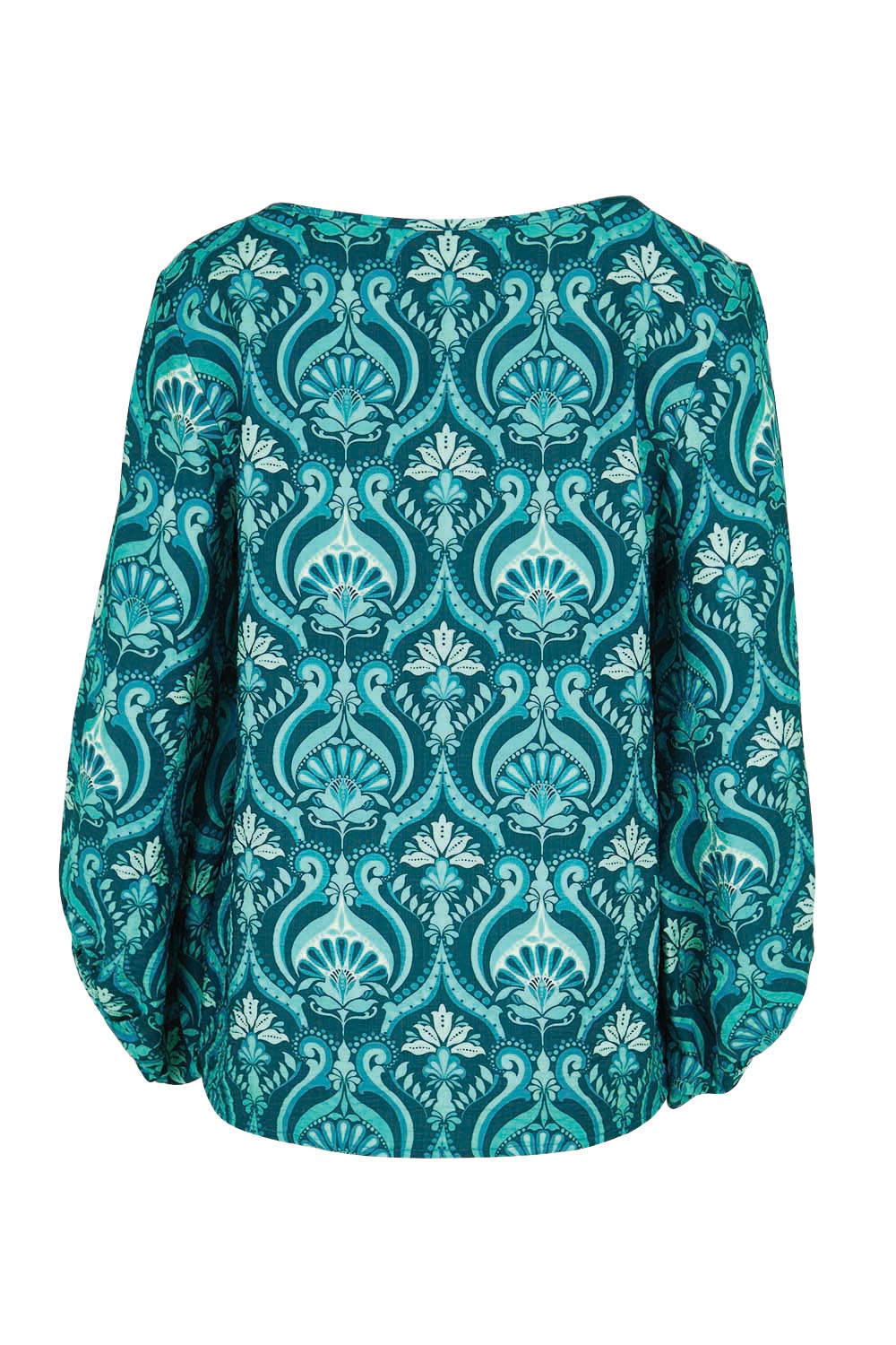 Product shot of the The Printed Bishop Sleeve Blouse – Tealdamask in colour Tealdamask, from the back