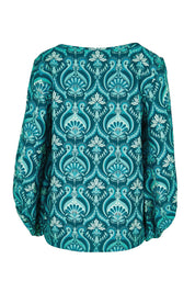 Product shot of the The Printed Bishop Sleeve Blouse – Tealdamask in colour Tealdamask, from the back