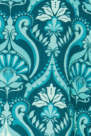 Product shot of the The Printed Bishop Sleeve Blouse – Tealdamask in colour Tealdamask, showing detail