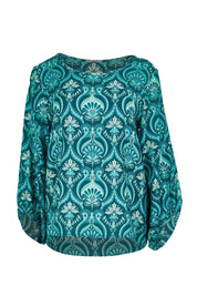 Product shot of the The Printed Bishop Sleeve Blouse – Tealdamask in colour Tealdamask, from the front