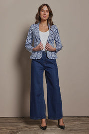 Model Madeline wearing size 10 of The Aspire Blazer in colour Peony (Blue), from the front, showing the whole outfit