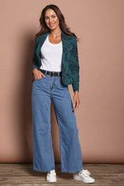 Model Madeline wearing size 10 of The Aspire Blazer in colour Tealbloom (Green), from the front, showing the whole outfit