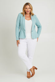 Model Fiona wearing size 16 of The Ponte Aspire Blazer in colour Aquahaze (Blue), from the front, showing the whole outfit