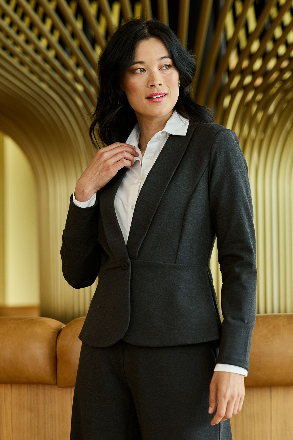 Model Miranda wearing size 10 of The Ponte Aspire Blazer in colour Deepmarle (Grey), from the front, showing the whole outfit