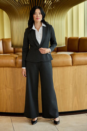 Model Miranda wearing size 10 of The Ponte Aspire Blazer in colour Deepmarle (Grey), from the front, showing the whole outfit