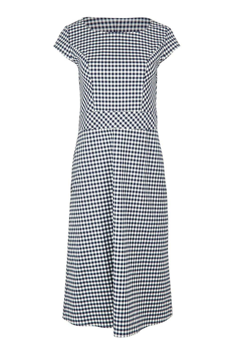 Product shot of The Cotton Stretch Gingham Dress in colour Gingham (Black), from the front