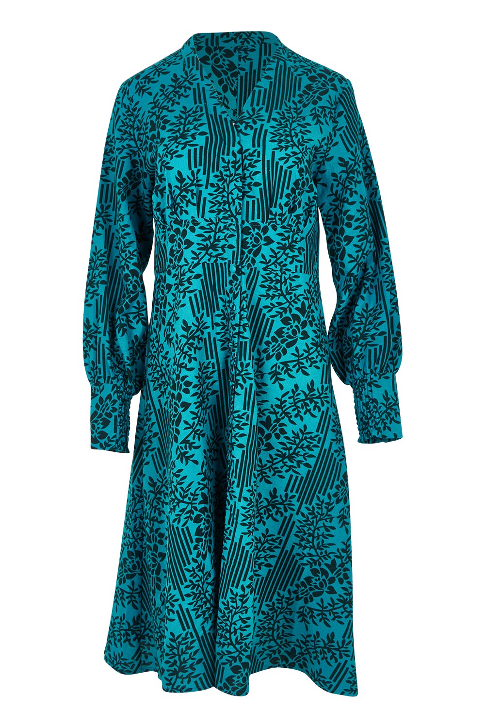Product shot of The Printed Cotton Button Through Dress in colour Tealbamboo (Blue), from the front