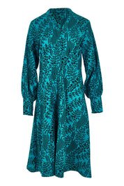 Product shot of The Printed Cotton Button Through Dress in colour Tealbamboo (Blue), from the front