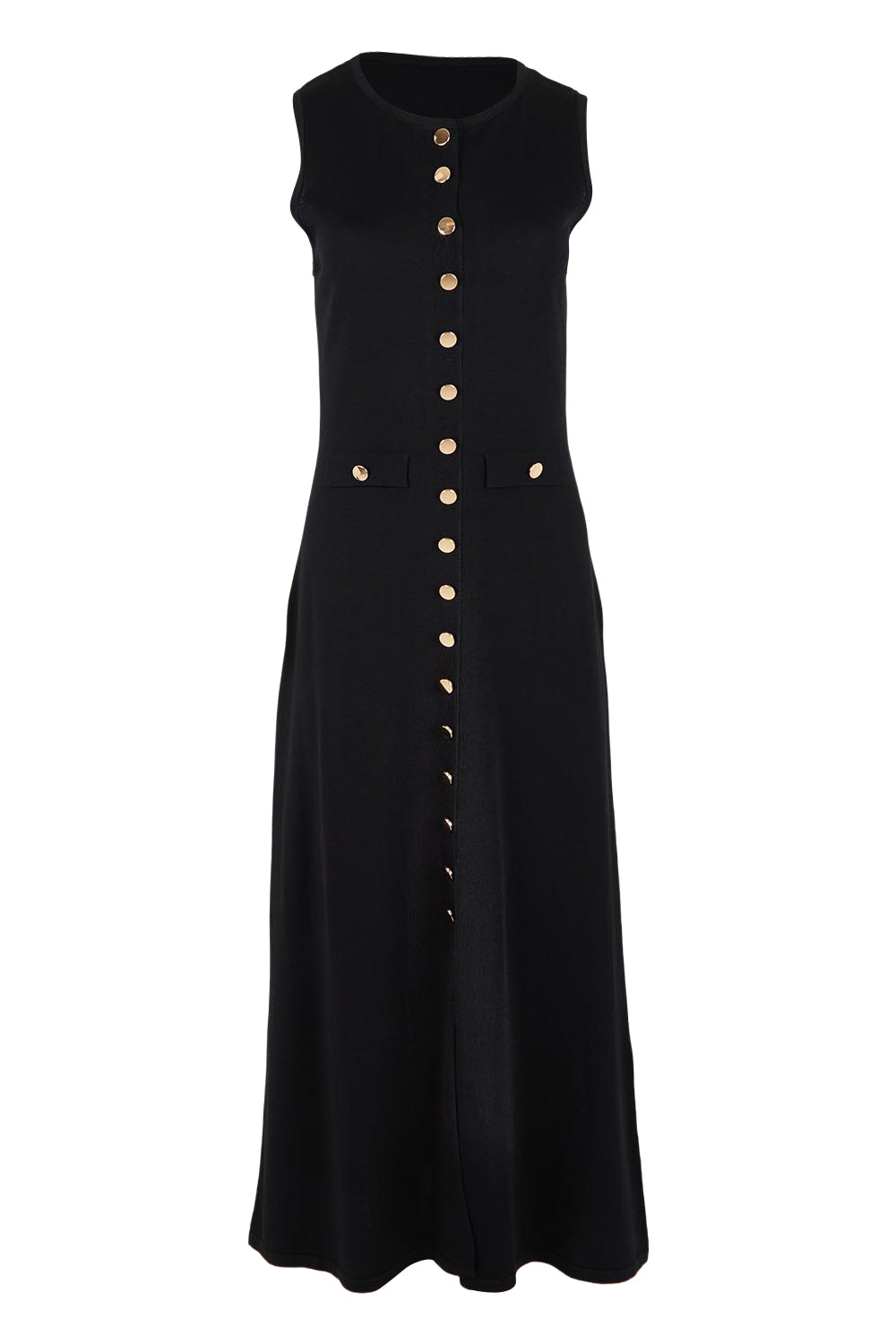 Product shot of The Crepe Knit Button Detail Dress in colour Black (Black), from the front