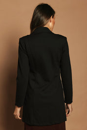 Model Madeline wearing size 10 of The Ponte Longline Collar Jacket in colour Black (Black), from the back